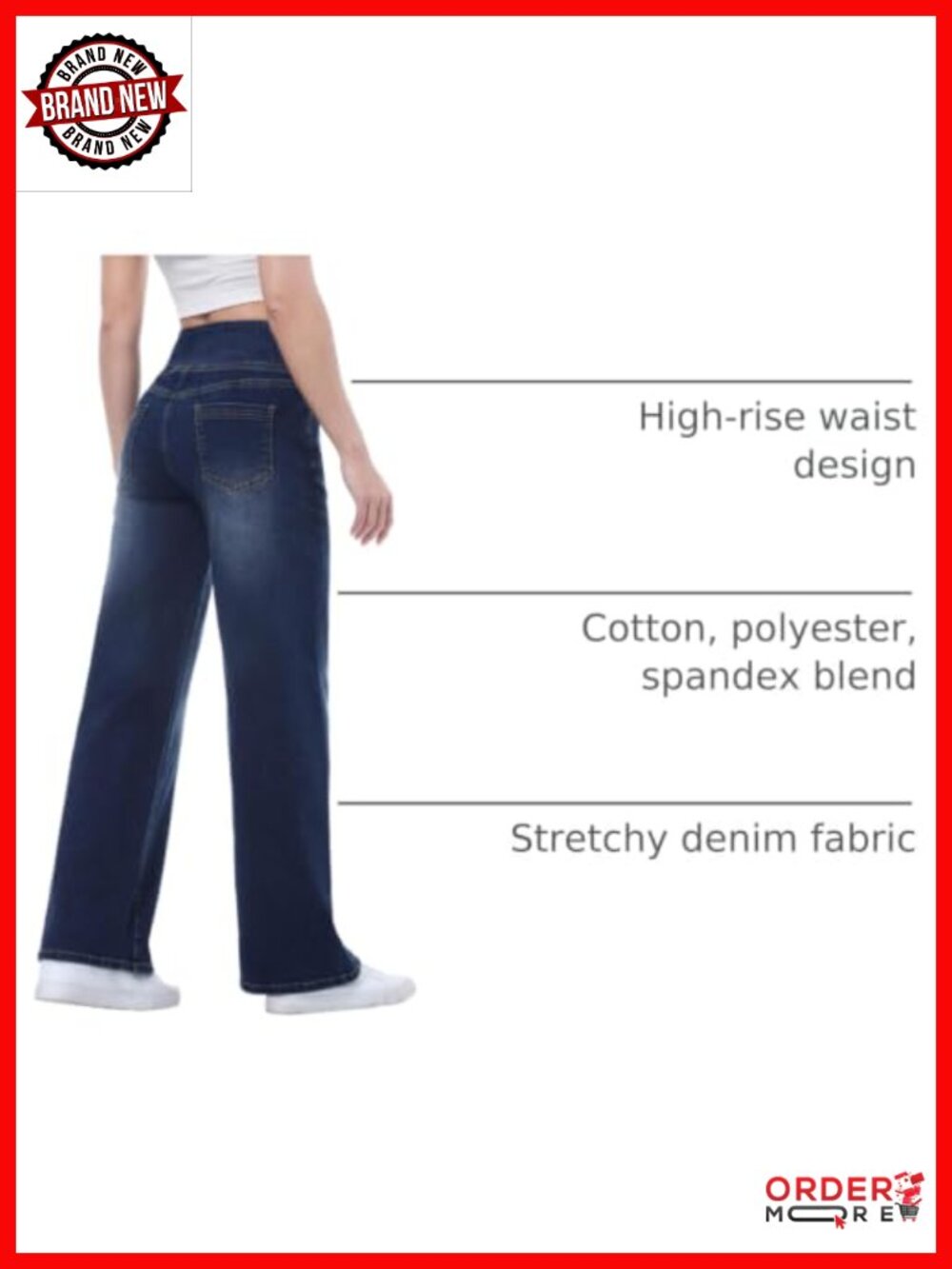 Pull On Wide Leg Jeans High Waisted Stretchy Tummy Control Denim Pants - Picture 3 of 6